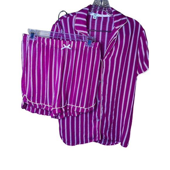Crown & Ivy Striped Pajama Set Shorts 2 Piece Pink White  Women's S Button Front - Picture 1 of 5